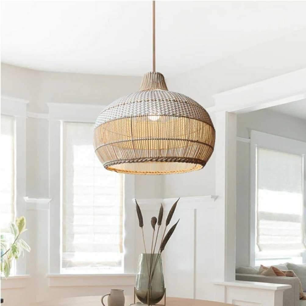 High Quality Handmade Rattan Pendant Light, White Rattan Stripe Woven Rattan, Unique Design and Patter, Luxury, Traditional, Contemporary