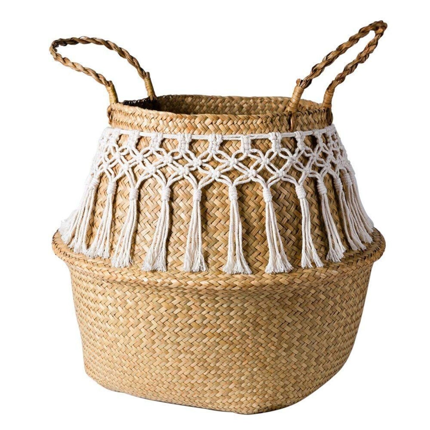 Lovely Handwoven Seagrass Belly Basket with Macrame, Folding Decorative Basket, Home Organization Decor, Sustainable Basket