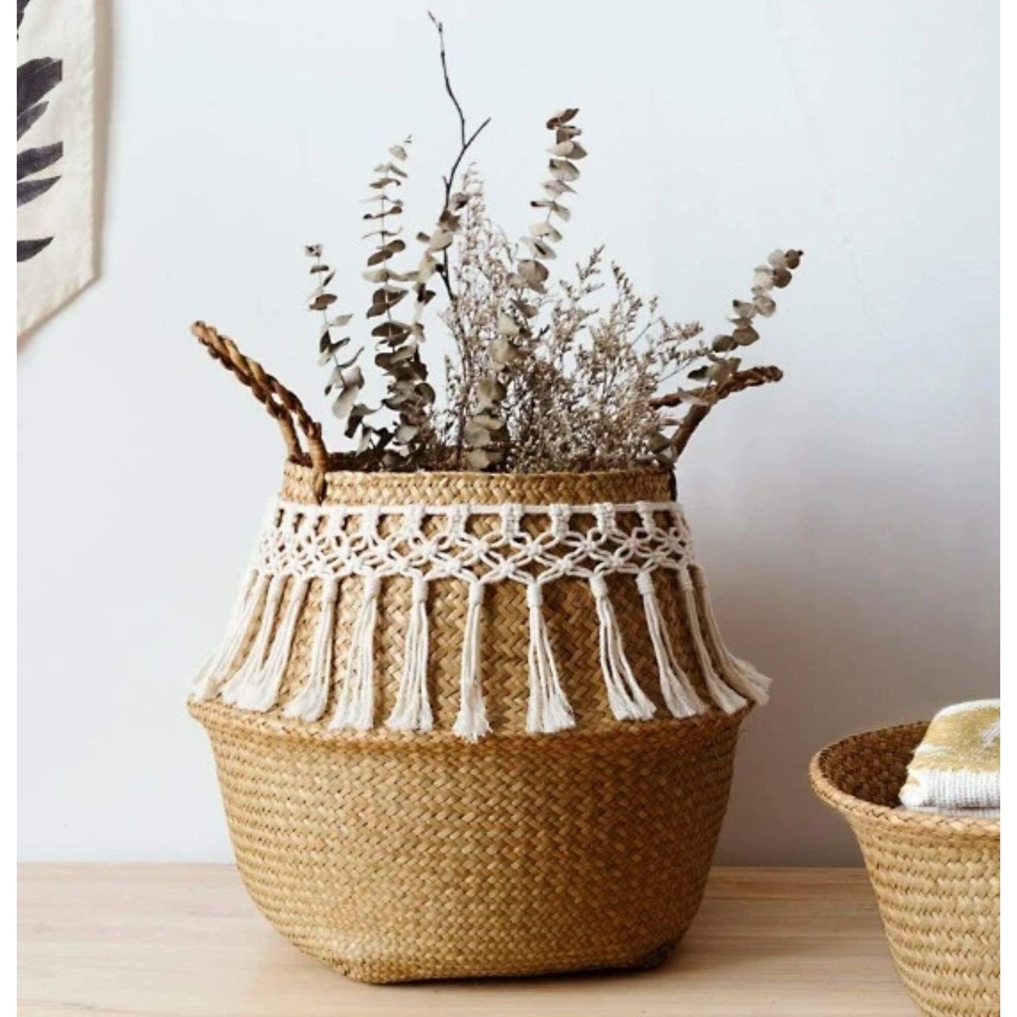 Lovely Handwoven Seagrass Belly Basket with Macrame, Folding Decorative Basket, Home Organization Decor, Sustainable Basket