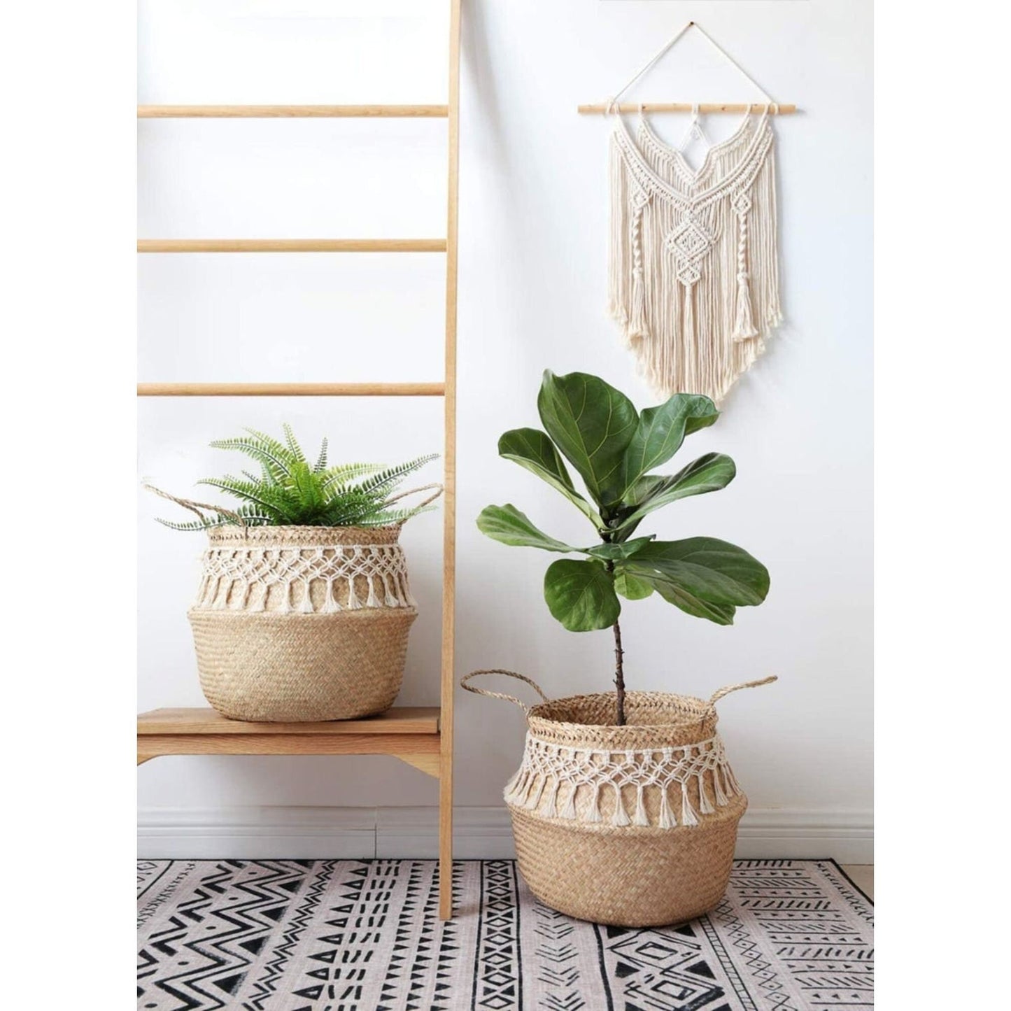 Lovely Handwoven Seagrass Belly Basket with Macrame, Folding Decorative Basket, Home Organization Decor, Sustainable Basket