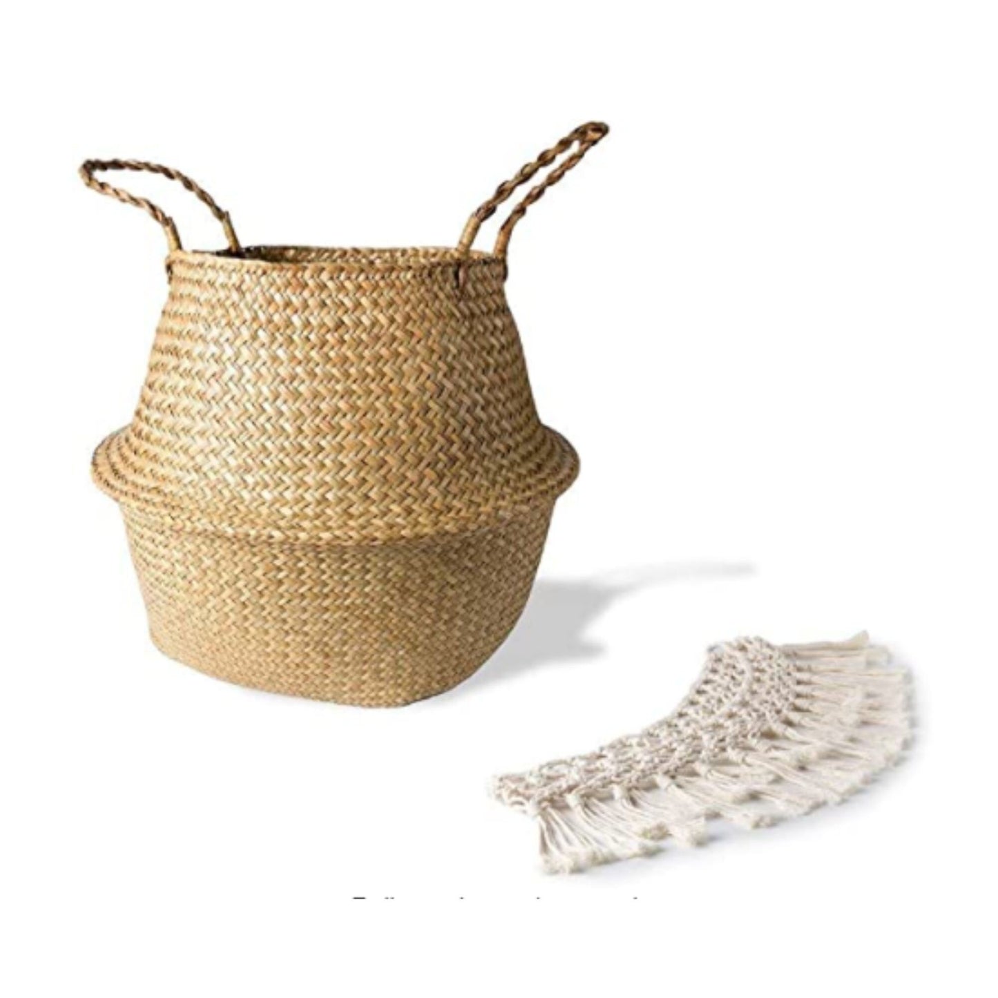 Lovely Handwoven Seagrass Belly Basket with Macrame, Folding Decorative Basket, Home Organization Decor, Sustainable Basket