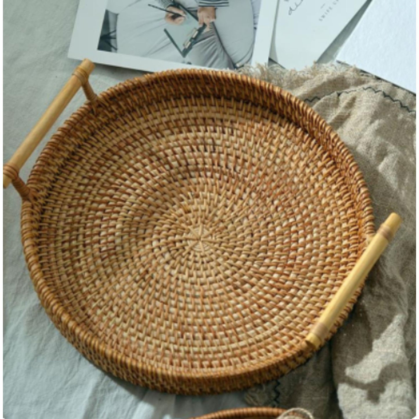 Handwoven Rattan Tray by Vietnamese Artisans. Rattan Fruit Tray. Rattan Breakfast Tray. Nordic Retro Baskets. Organic Organizer