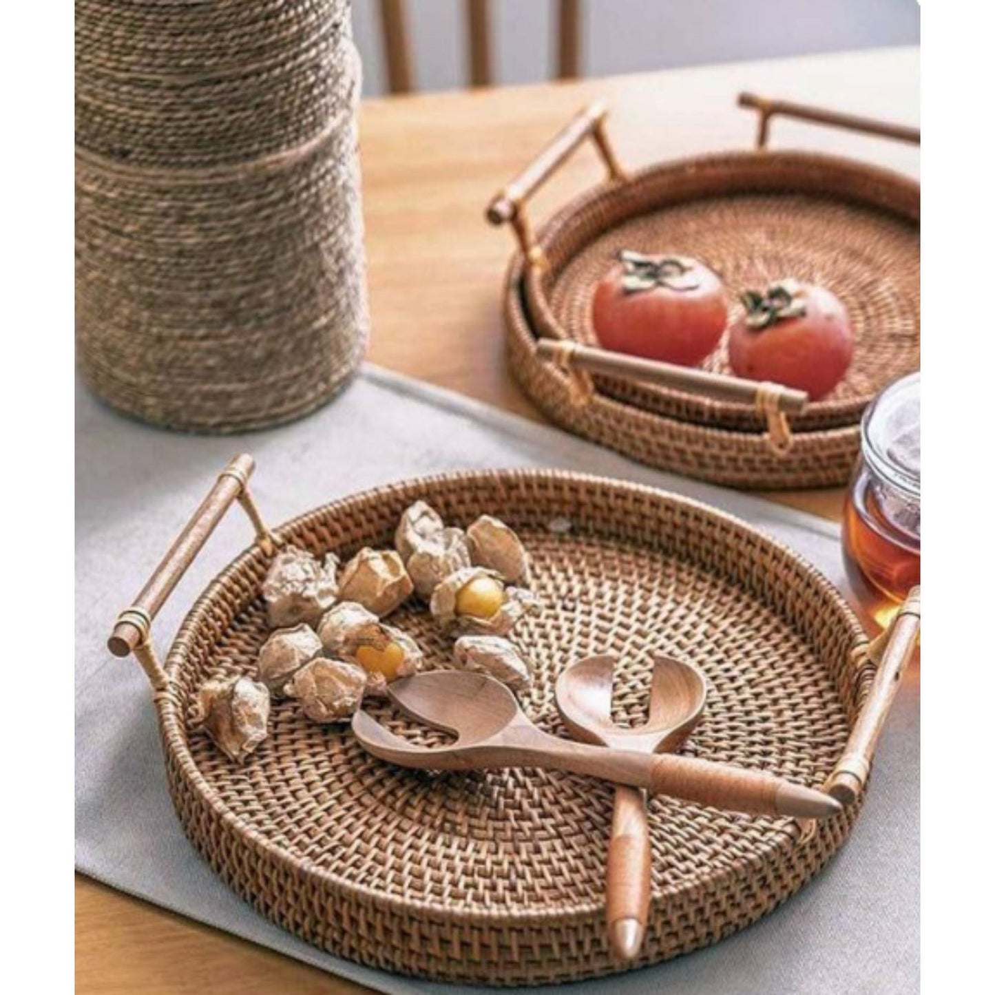 Handwoven Rattan Tray by Vietnamese Artisans. Rattan Fruit Tray. Rattan Breakfast Tray. Nordic Retro Baskets. Organic Organizer