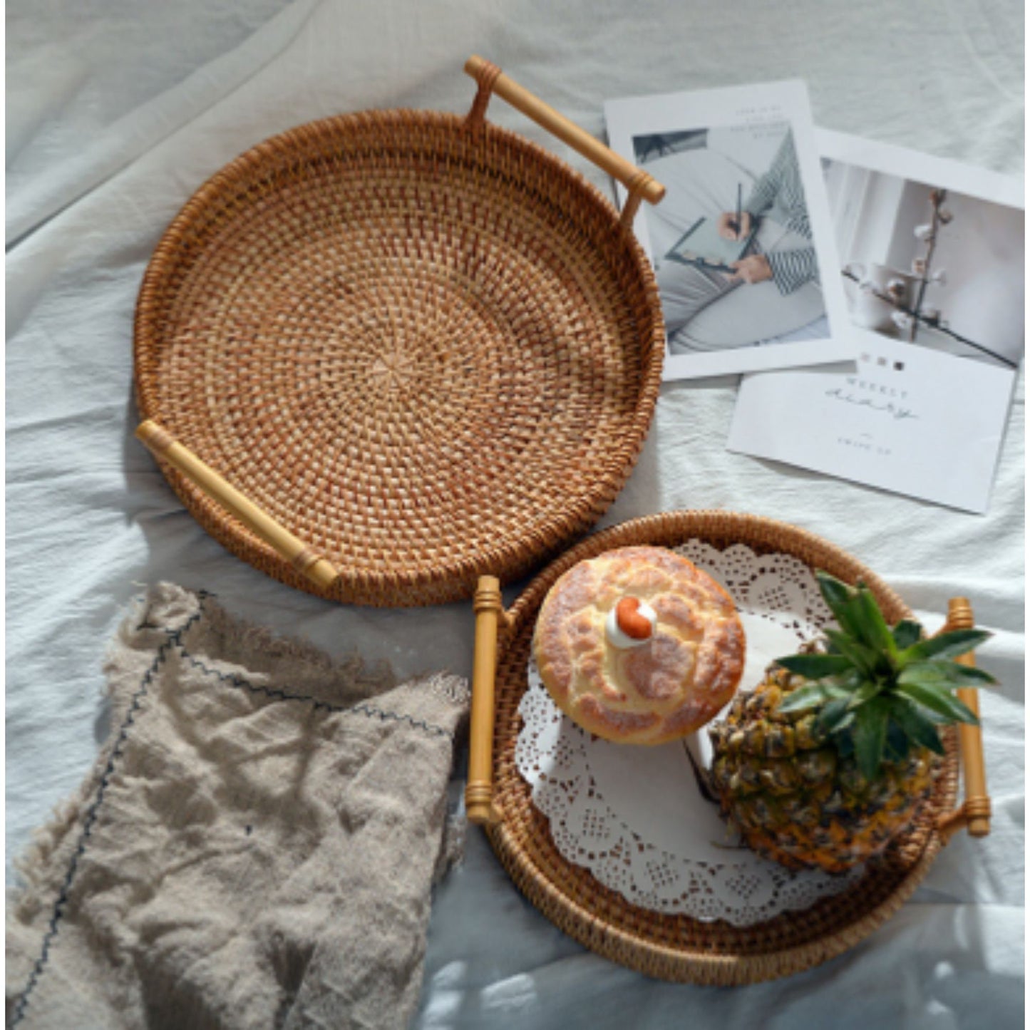 Handwoven Rattan Tray by Vietnamese Artisans. Rattan Fruit Tray. Rattan Breakfast Tray. Nordic Retro Baskets. Organic Organizer