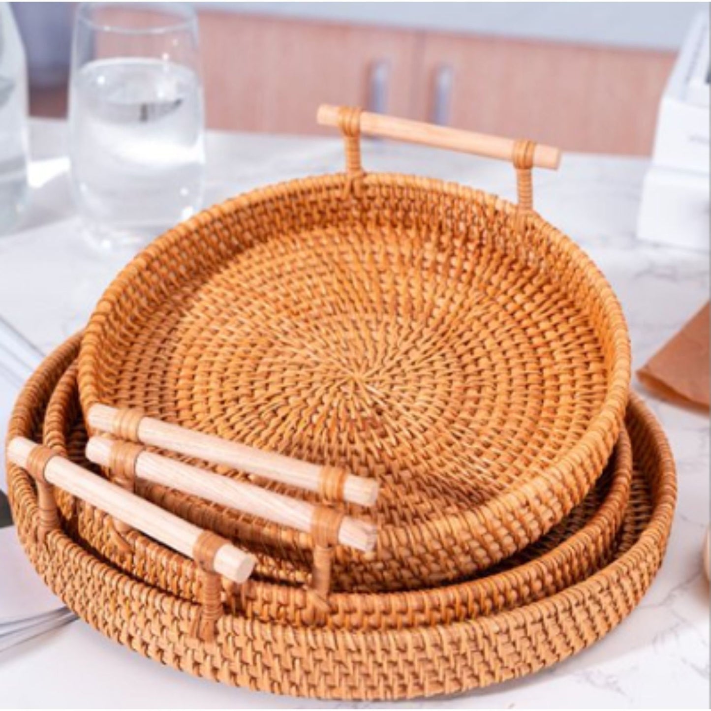 Handwoven Rattan Tray by Vietnamese Artisans. Rattan Fruit Tray. Rattan Breakfast Tray. Nordic Retro Baskets. Organic Organizer