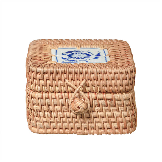 Handwoven Rattan Storage Box with Lid, Square Rattan Box, Bamboo Box, Wicker Box Container, Picnic Box Ornament Box Kitchen Organizer Box