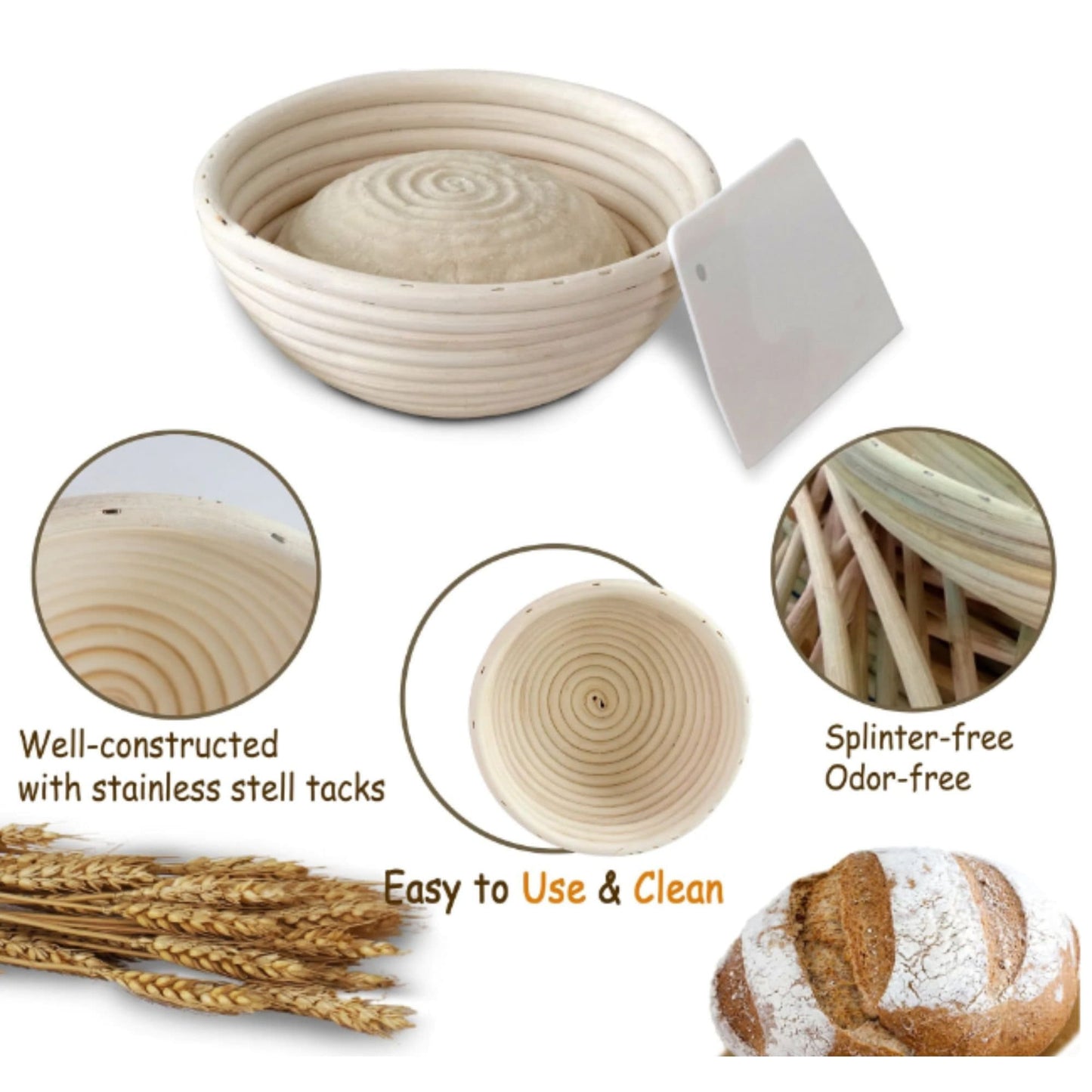 Handmade Round Banneton Bread Proofing Basket Set with Dough Scraper, Cleaning Brush & Liner. Handmade Bread Proofing Basket. 100% Organic